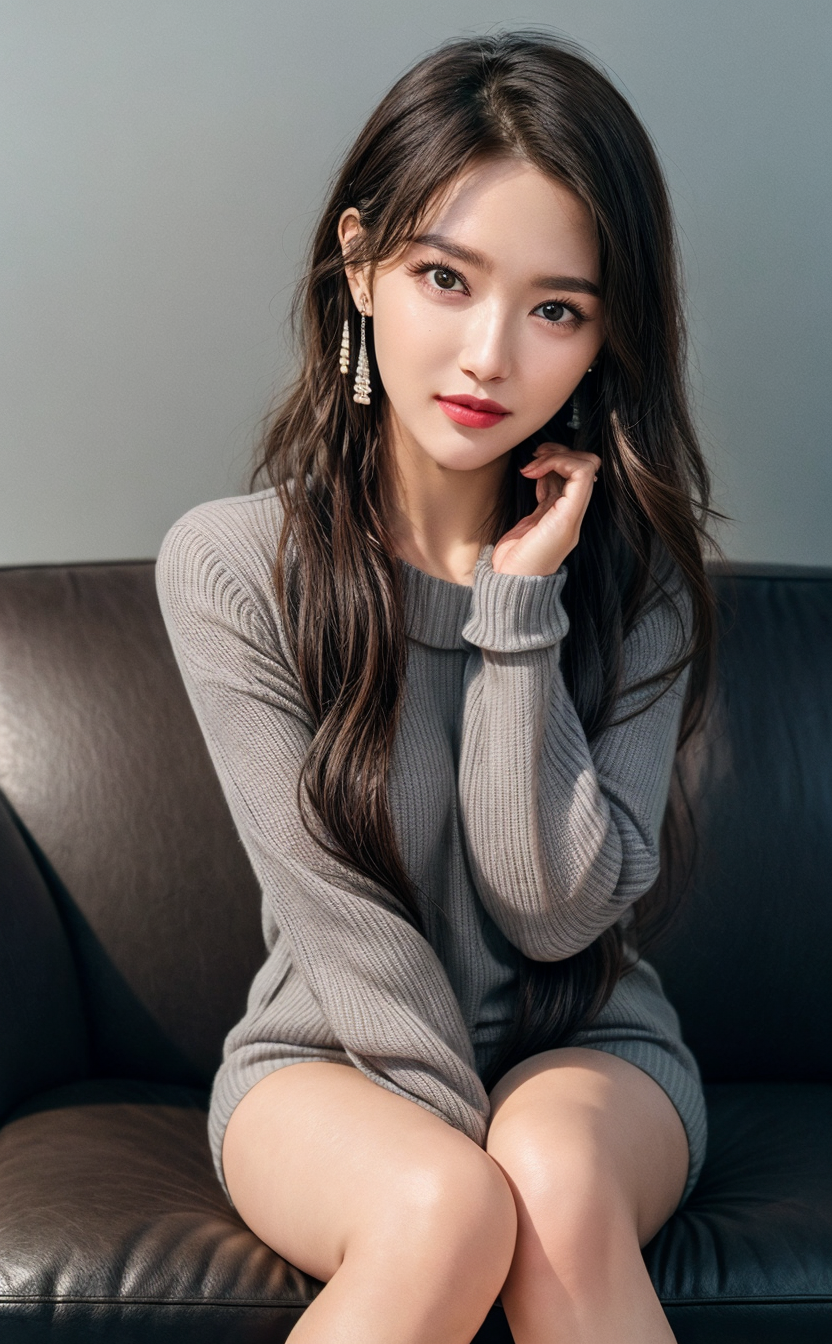 01578-4107264195-1girl, solo, long hair, earrings, jewelry, sitting, sweater, looking at viewer, head tilt, couch, hand between legs, very long h.png